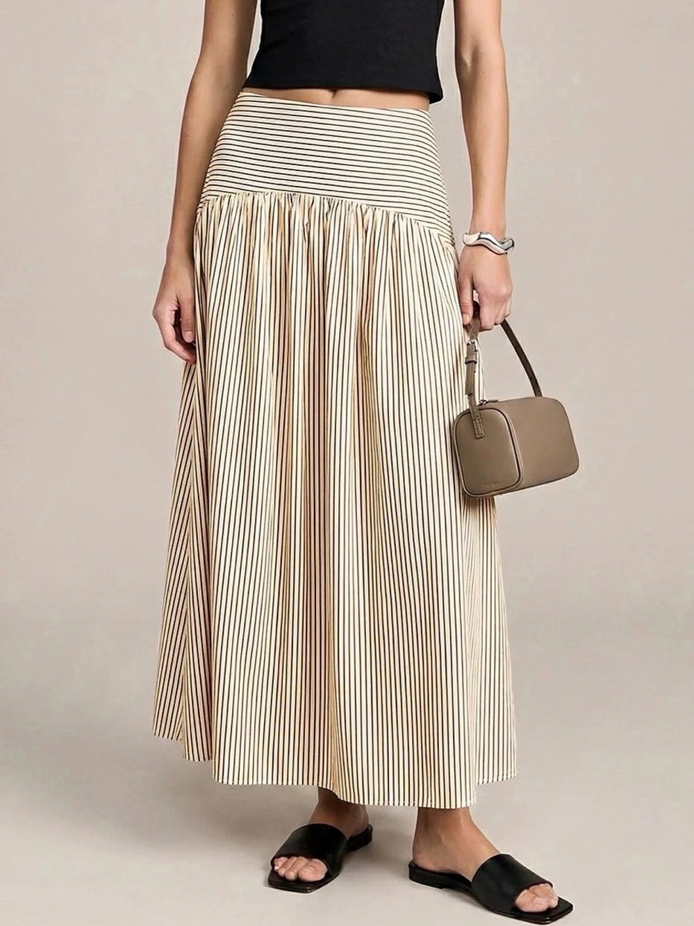 CAARA C25WSKA0503SCCR Striped Midi Skirt in Cream & Black Size 4 Like NWT